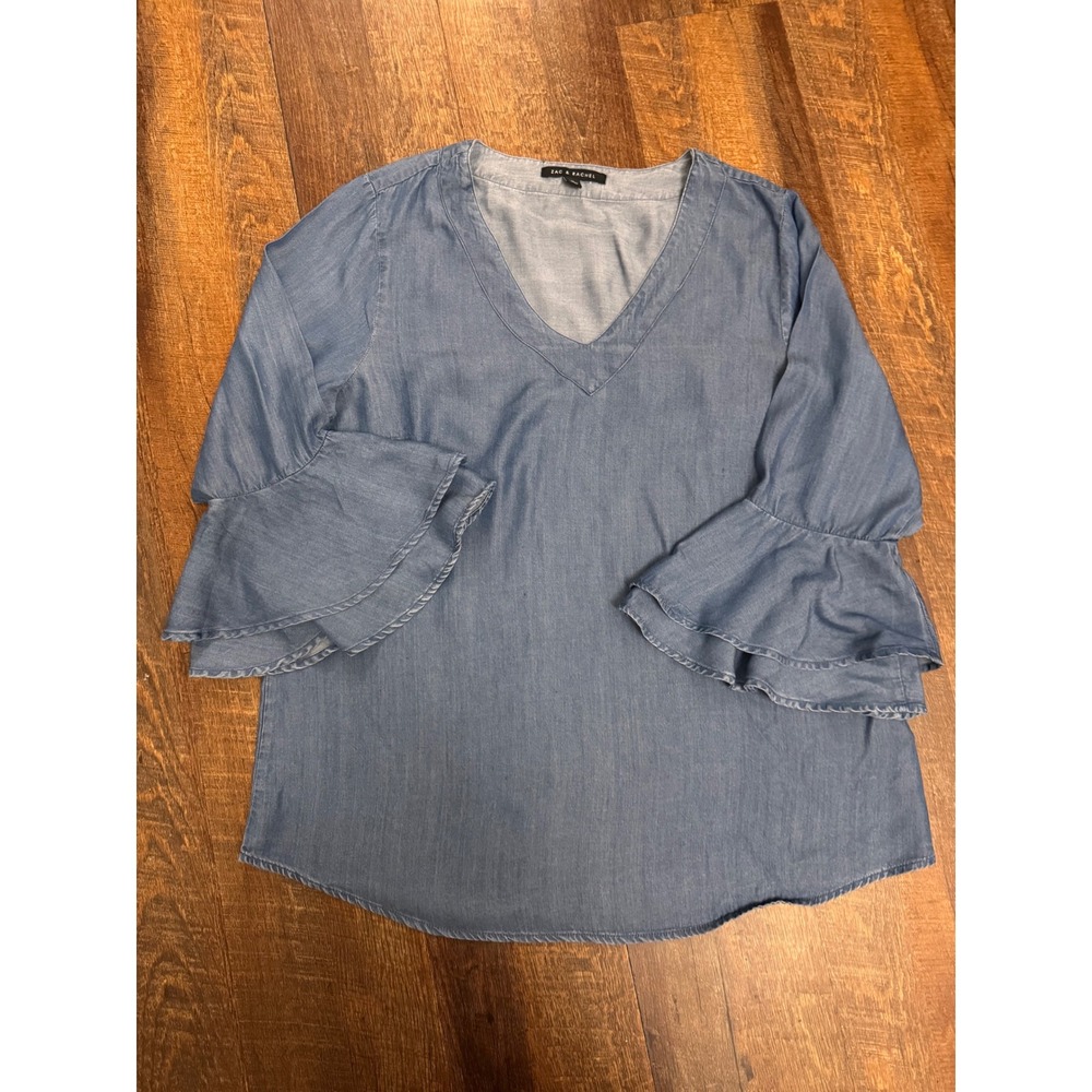 Zac & Rachel XL Tencel Chambray Blouse Blue Double Bell Sleeve V Neck